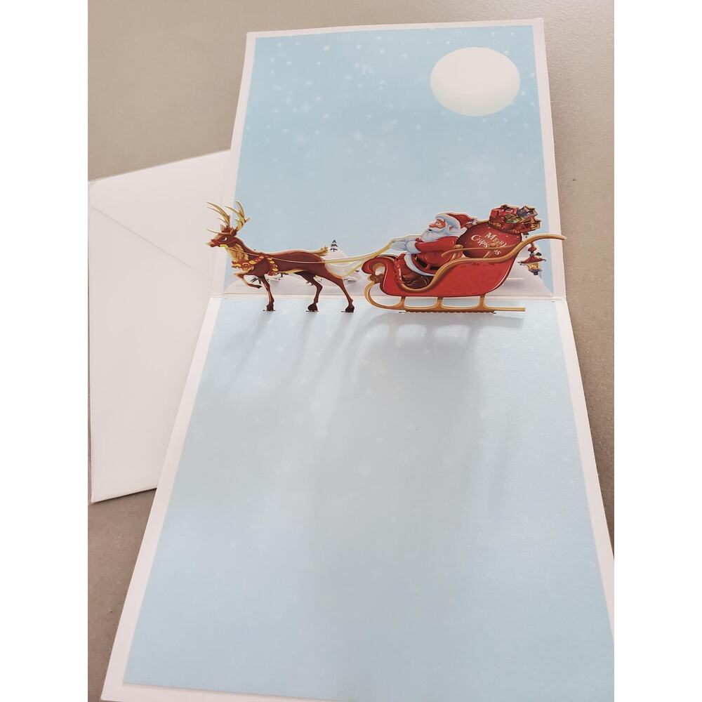 Bundle of 5 Unique 3D Popup Santa Clause & Reindeer Sleigh Holiday Cards